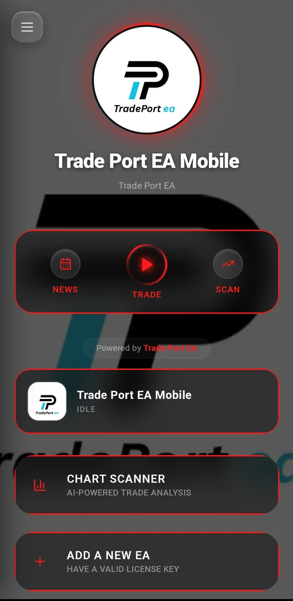 Trade Port EA app home screen: News, Trade and Scan, your EA and the Chart Scanner